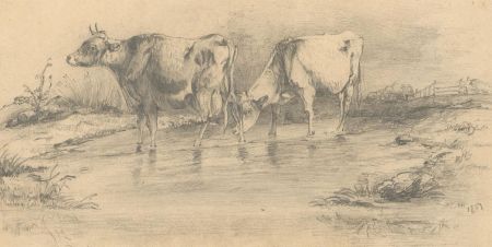 E. Mantresor - 1837 Graphite Drawing, Cattle Watering