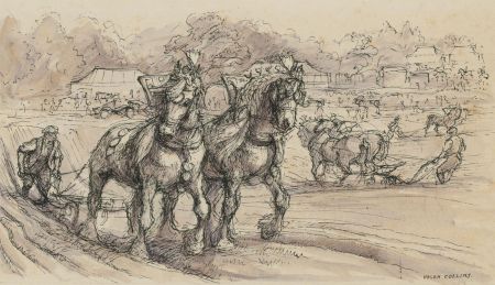 Helen Collins (1921-1990) - 20th Century Pen and Ink Drawing, Horses Ploughing