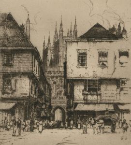 Early 20th Century Etching - Busy Street Scene with Cathedral