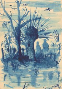 M. Raddy - 1970 India Ink, River Landscape in Blue