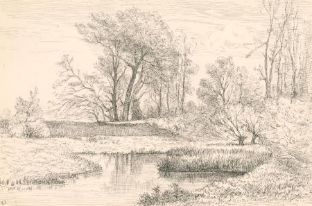 R.J - 20th Century Pen and Ink Drawing, River Landscape