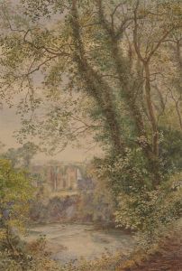 Alice E. de Maine - 1873 Watercolour, River Scene with Ruins
