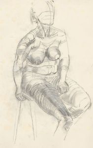 Anita Wright - c. 1975 Charcoal Drawing, Seated Female Nude