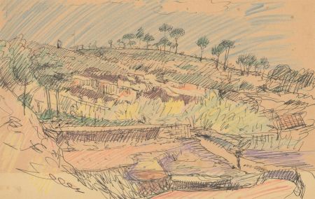 Mid 20th Century Pen and Ink Drawing - Mediterranean Hillside Landscape