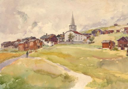 Alfred William Strutt (1856-1924) - Signed Watercolour, Alpine Village Scene
