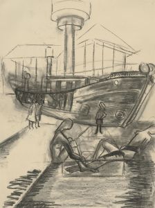 Contemporary Charcoal Drawing - Harbour Scene with Figures