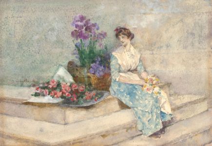 David Woodlock (1842-1929) - Watercolour, Flower Seller in Venice