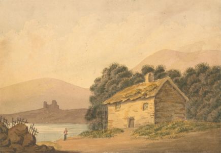 19th Century Watercolour - Cottage and Figure Beside a Lake