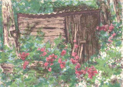 Patricia Hunt - 20th Century Aquatint, Garden Shed & Flowers