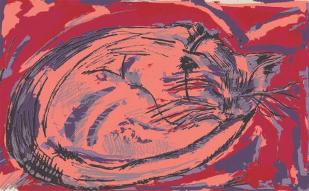 Caparucci - Signed 20th Century Silkscreen, Vibrant Sleeping Cat