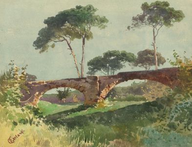 Style of Onorato Carlandi - 19th Century Watercolour, Landscape with a Bridge
