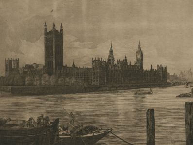 Wilfrid Huggins (b.1873) - Signed 1910 Etching, Westminster from Lambeth Pier