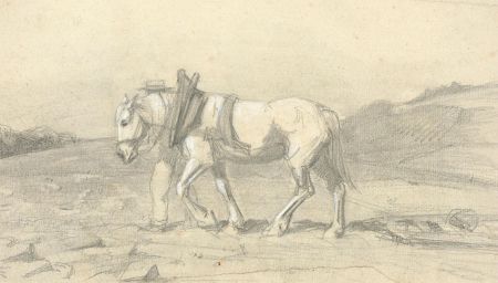 Paul Girardet (1821-1893) - 1878 Graphite Drawing, Walking by a Horse