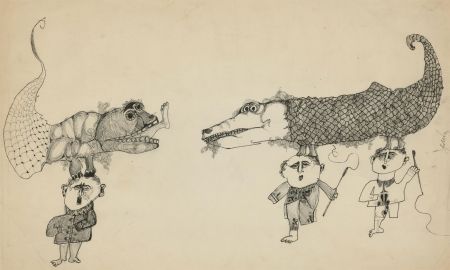 Antonis Kyriakoulis (b.1938) - Signed Pen and Ink Drawing, Crocodile Dinner