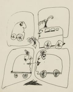 Antonis Kyriakoulis (b.1938) - Pen and Ink Drawing, Train Characters