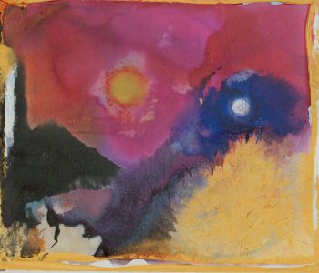 Contemporary India Ink - Abstract Expressionist Landscape, Sun & Moon