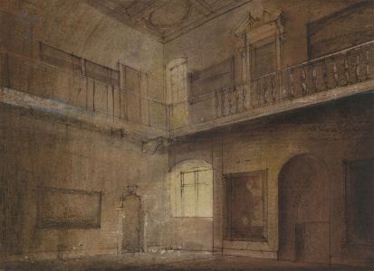 20th Century Pen and Ink Drawing - Atmospheric Interior, Grand Hall