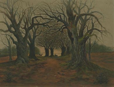 1891 Oil - Woodland Path with Stags