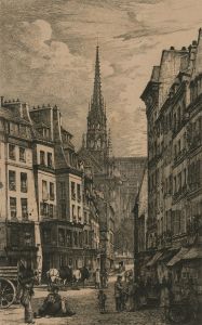 Lucien Gautier (1850-1925) - 1881 Etching, Parisian Street Scene, Notre Dame