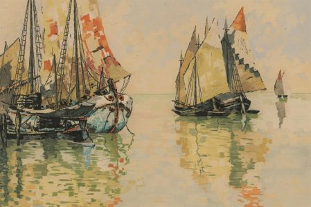 20th Century Print on Silk - Sailboats