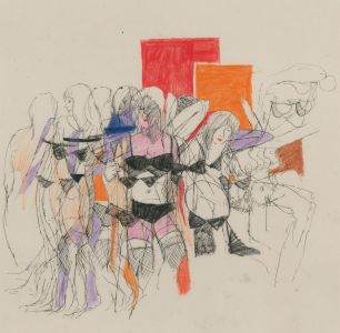 20th Century Pen and Ink Drawing - Nude Models, Black Underwear
