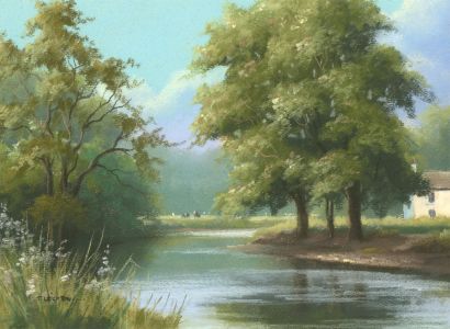 T. Leighton - Mid 20th Century Pastel, Summer River Landscape