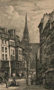 Lucien Gautier (1850-1925) - 1881 Etching, Street Scene with Notre Dame