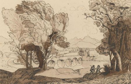 Mid 19th Century Pen and Ink Drawing - Classical Landscape with River