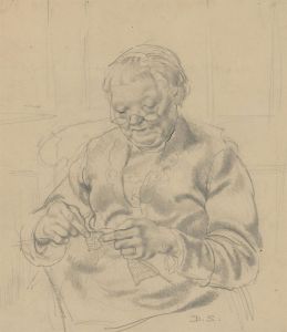 D.S. - Mid 20th Century Graphite Drawing, Portrait of an Old Lady Knitting