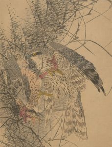 Lmao Keinen (1845-1924) - Japanese Woodblock, Falcon and Prey