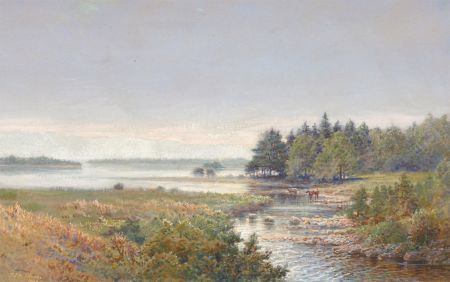 H. J. Whiteside - Signed 1895 Gouache, Tranquil  River Landscape