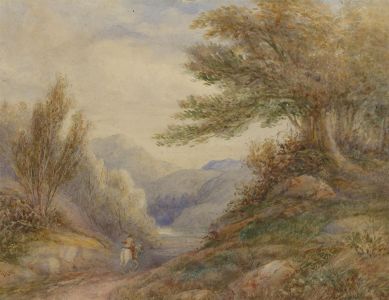 J.B - 1880 Watercolour, Figure on Horseback in a Landscape