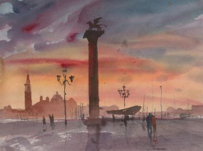 Ronald Olley (b.1923) - c. 2000 Watercolour, Lion Pillar, Venice