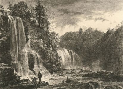Late 19th Century Etching - Fishing by Waterfalls