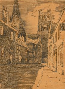 Early 20th Century Pen and Ink Drawing - Street Scene with Church