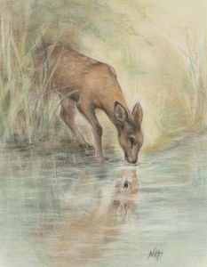Nikki - 20th Century Pastel, Fawn Drinking from a River