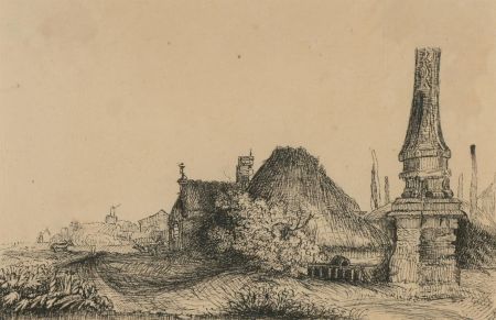 After Rembrandt - Mid 19th Century Pen and Ink Drawing, Landscape with Obelisk