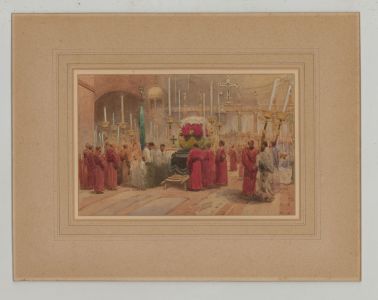 Fine Early 20th Century Watercolour - Catholic Funeral Interior