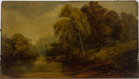 Fine Late 19th Century Oil - Standing Cattle in a River Valley