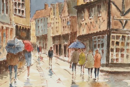 John A. Case - 20th Century Watercolour, A Rainy Street Scene