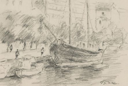 John A. Case - 20th Century Charcoal Drawing, Bristol Harbour Scene