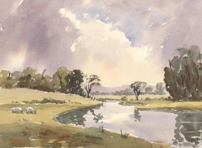 John A. Case - Contemporary Watercolour, River Landscape with Sheep