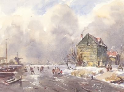 John A. Case - 20th Century Watercolour, Winter Landscape After Dutch Master
