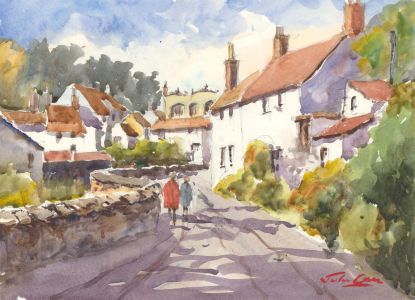 John A. Case - Contemporary Watercolour, Country Village Walkers