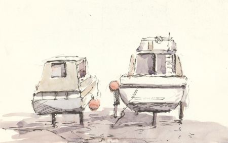 John A. Case - Contemporary Pen and Ink Drawing, Docked Fishing Boats