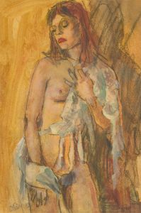 Ronald Olley (b.1923) - c. 2000 Gouache, Standing Nude in Yellow