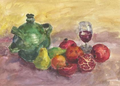Ronald Olley (b.1923) - c. 2000 Watercolour, Pomegranate Still Life