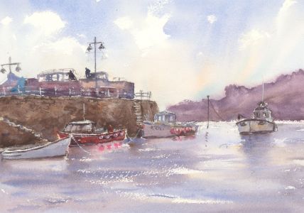 John A. Case - Contemporary Watercolour, Boats Docked At Sea