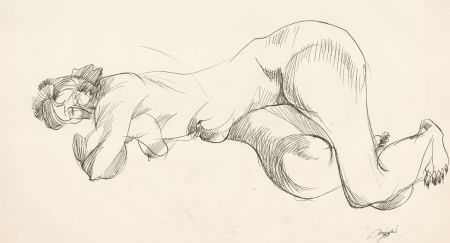 A. Mendes - Signed 1971 Pen and Ink Drawing, Sorrowful Nude