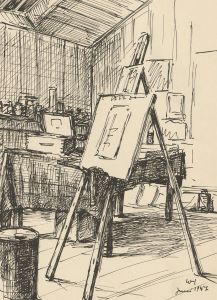 W.H - 1947 Pen and Ink Drawing, Study of an Artist's Studio